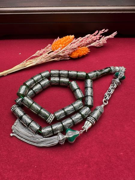 Kesme Model Gümüş İşlemeli Ateş Kehribar Tesbih