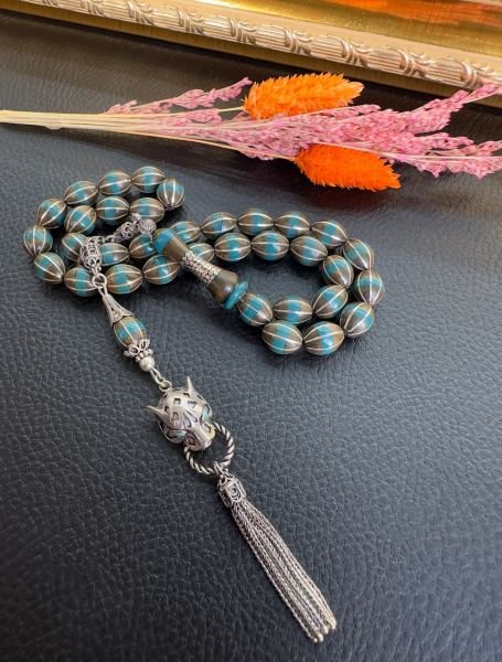 Beyzi Model Katain ve Gümüş İşleme Dizayn Yeşil Pelesenk Tesbih