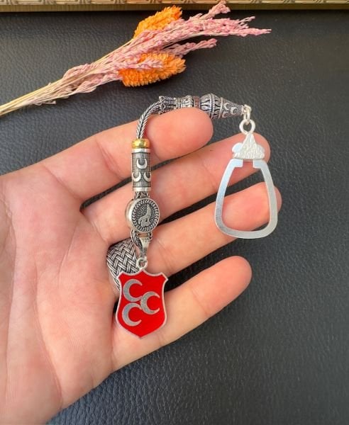 Üç Hilalli Bozkurt Tasarım Gümüş Anahtarlık