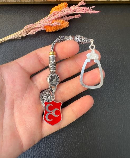 Üç Hilalli Bozkurt Tasarım Gümüş Anahtarlık