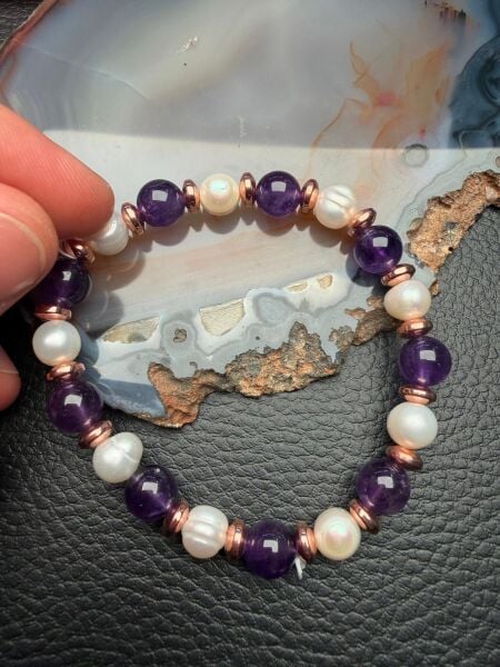 Orijinal Doğal Taş İnci ve Ametist Dizayn Bileklik