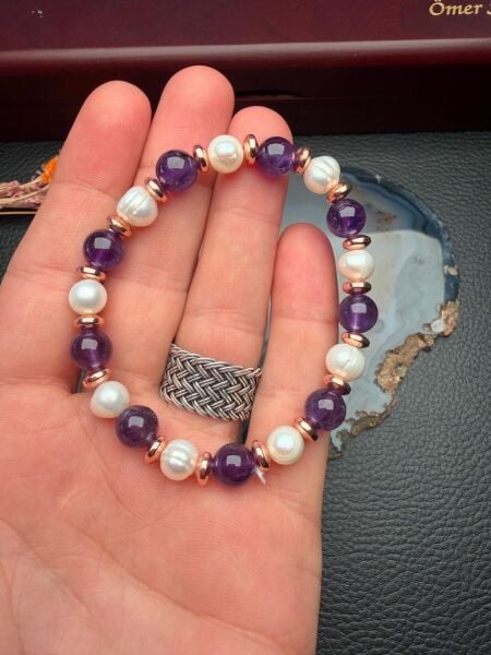 Orijinal Doğal Taş İnci ve Ametist Dizayn Bileklik