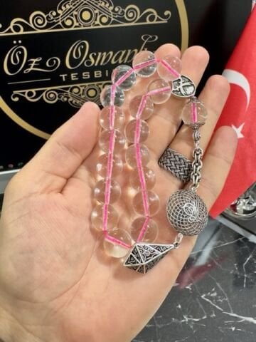 Pembe İp Geçişli Maskot (Efe Boy) Şeffaf Renk Kuvars Taşı Doğal Taş Tesbih
