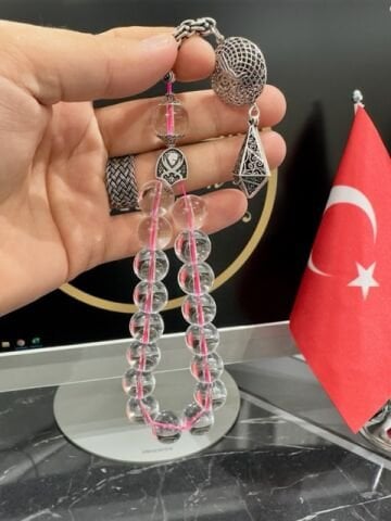 Pembe İp Geçişli Maskot (Efe Boy) Şeffaf Renk Kuvars Taşı Doğal Taş Tesbih