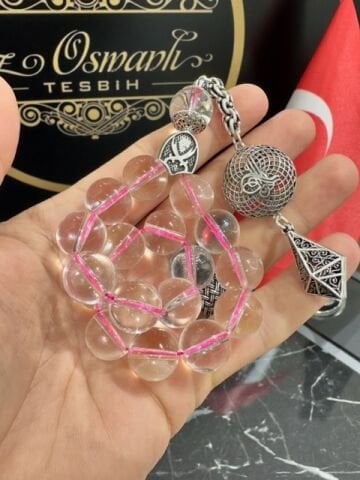 Pembe İp Geçişli Maskot (Efe Boy) Şeffaf Renk Kuvars Taşı Doğal Taş Tesbih