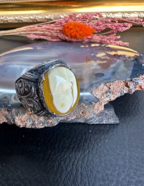 Özel Tasarım Osman Özpala El Yapımı Damla Kehribar Gümüş Yüzük