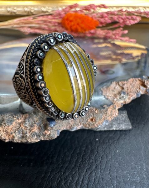 Özel Tasarım Damla Kehribar Gümüş Yüzük