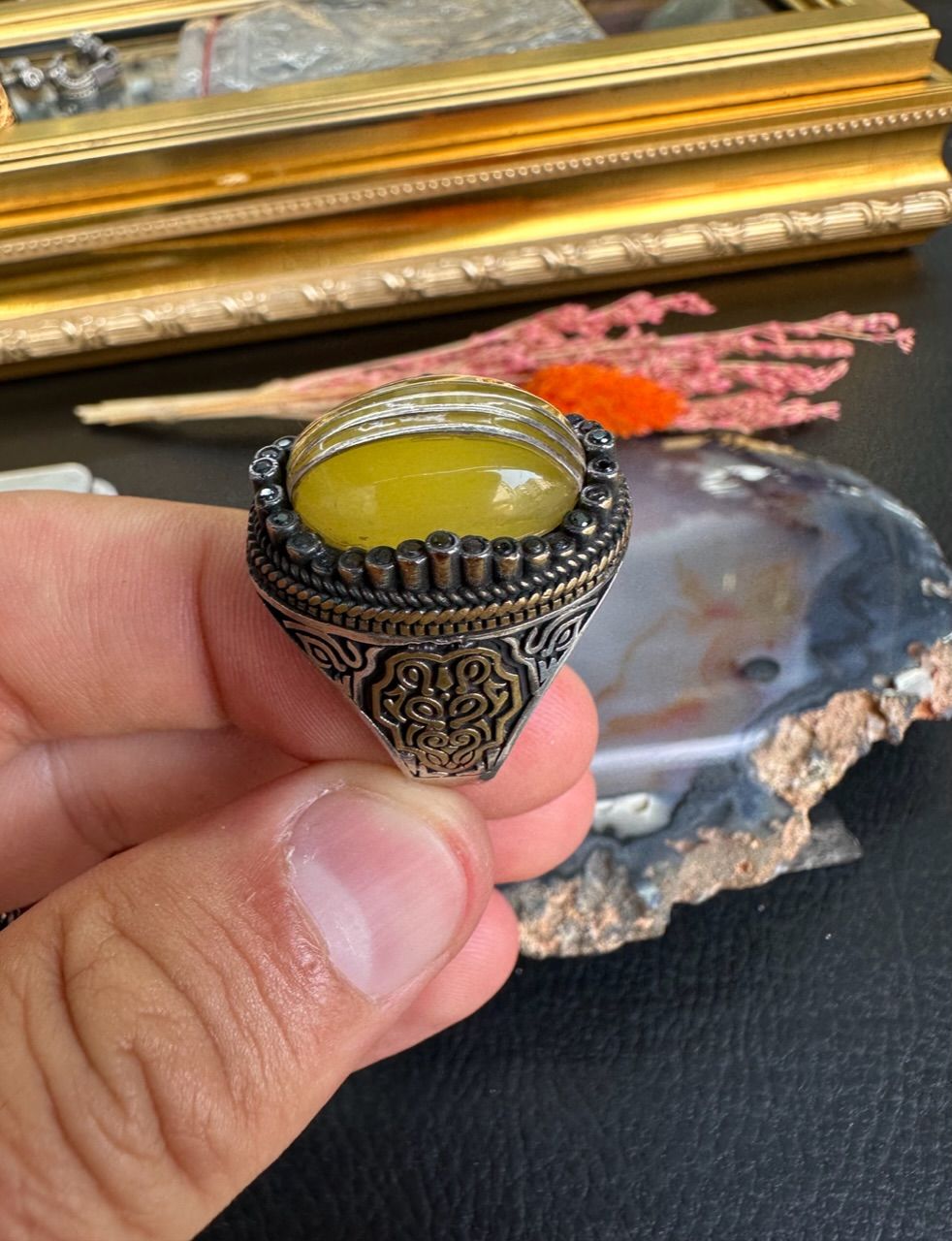 Özel Tasarım Damla Kehribar Gümüş Yüzük