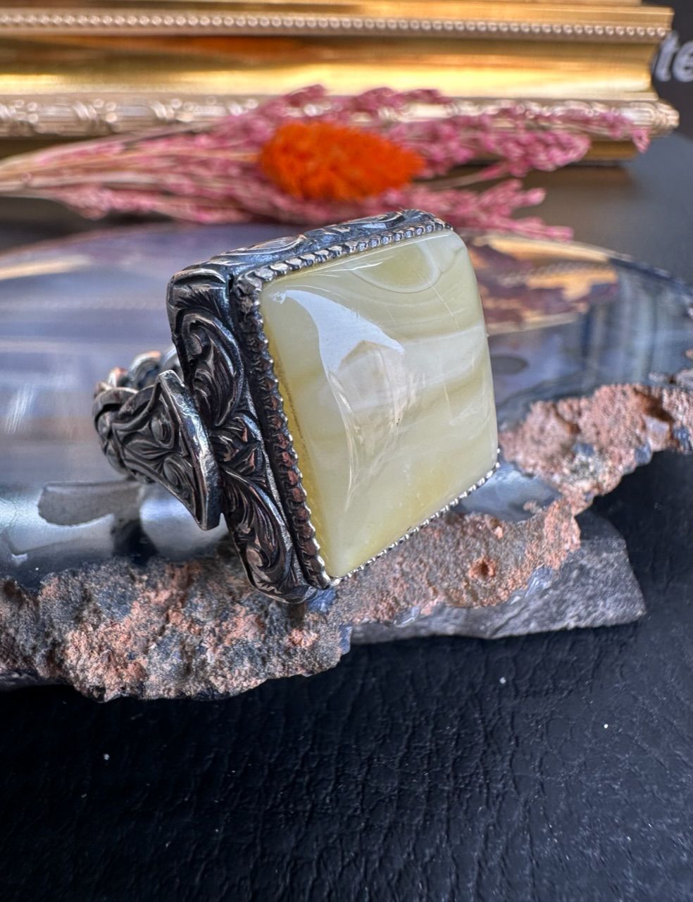 Özel Tasarım Osman Özpala El Yapımı Damla Kehribar Gümüş Yüzük