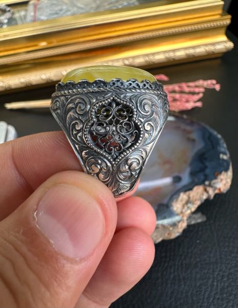 Özel Tasarım Osman Özpala El Yapımı Damla Kehribar Gümüş Yüzük