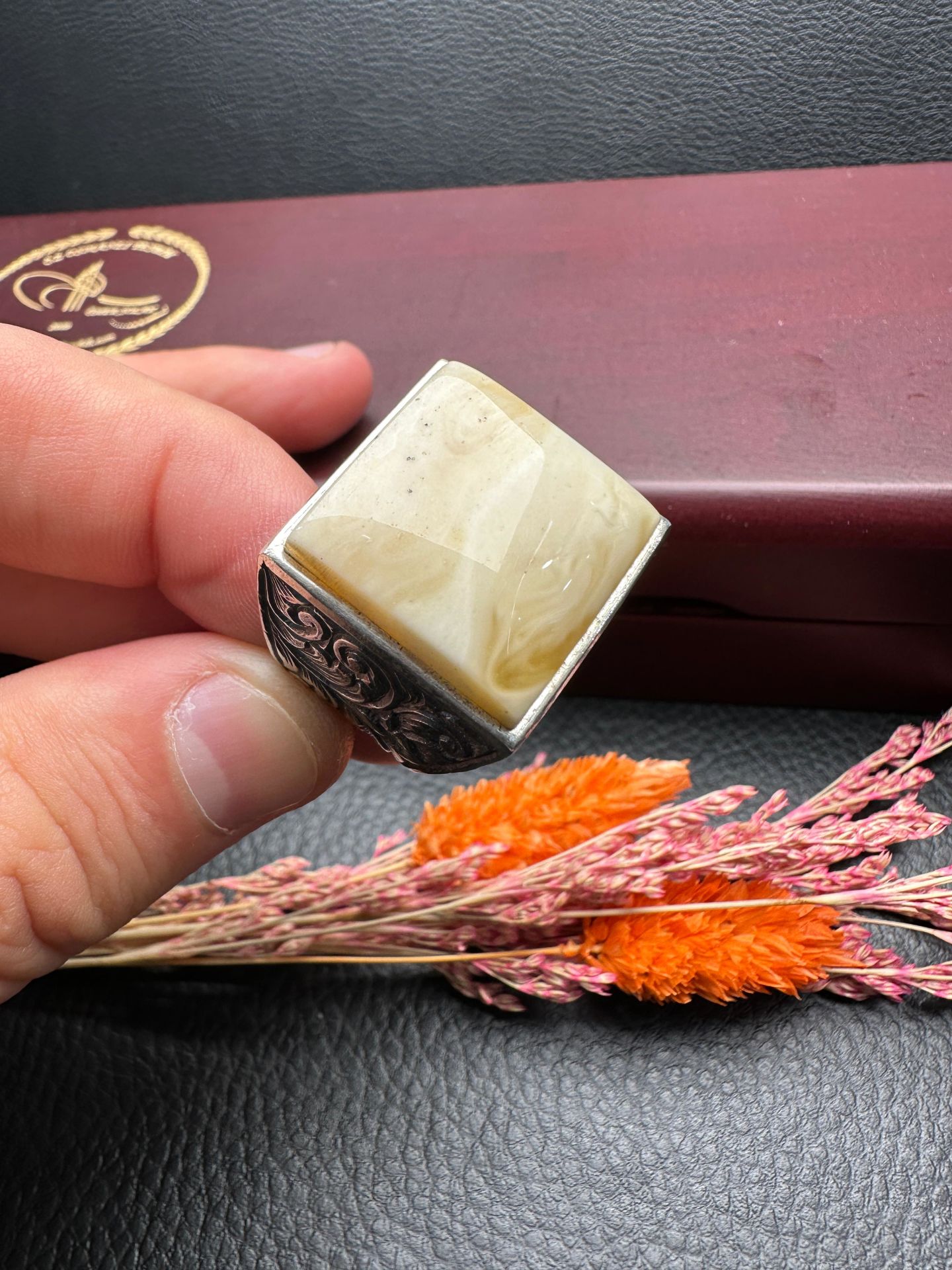 Özel Tasarım Osman Özpala El Yapımı Damla Kehribar Gümüş Yüzük