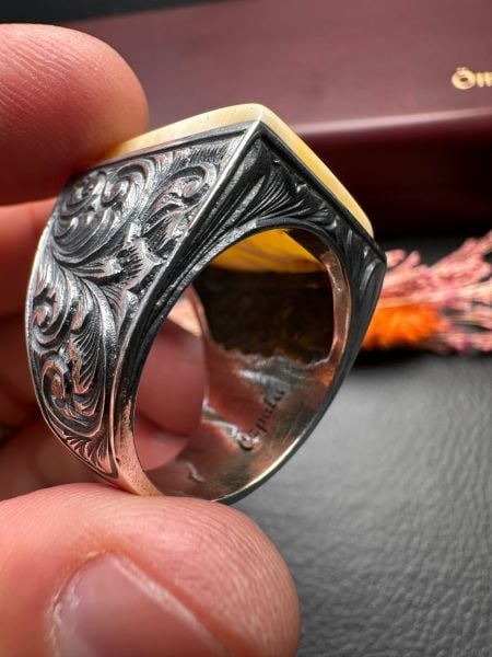 Özel Tasarım Osman Özpala El Yapımı Damla Kehribar Gümüş Yüzük