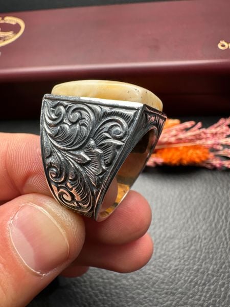 Özel Tasarım Osman Özpala El Yapımı Damla Kehribar Gümüş Yüzük