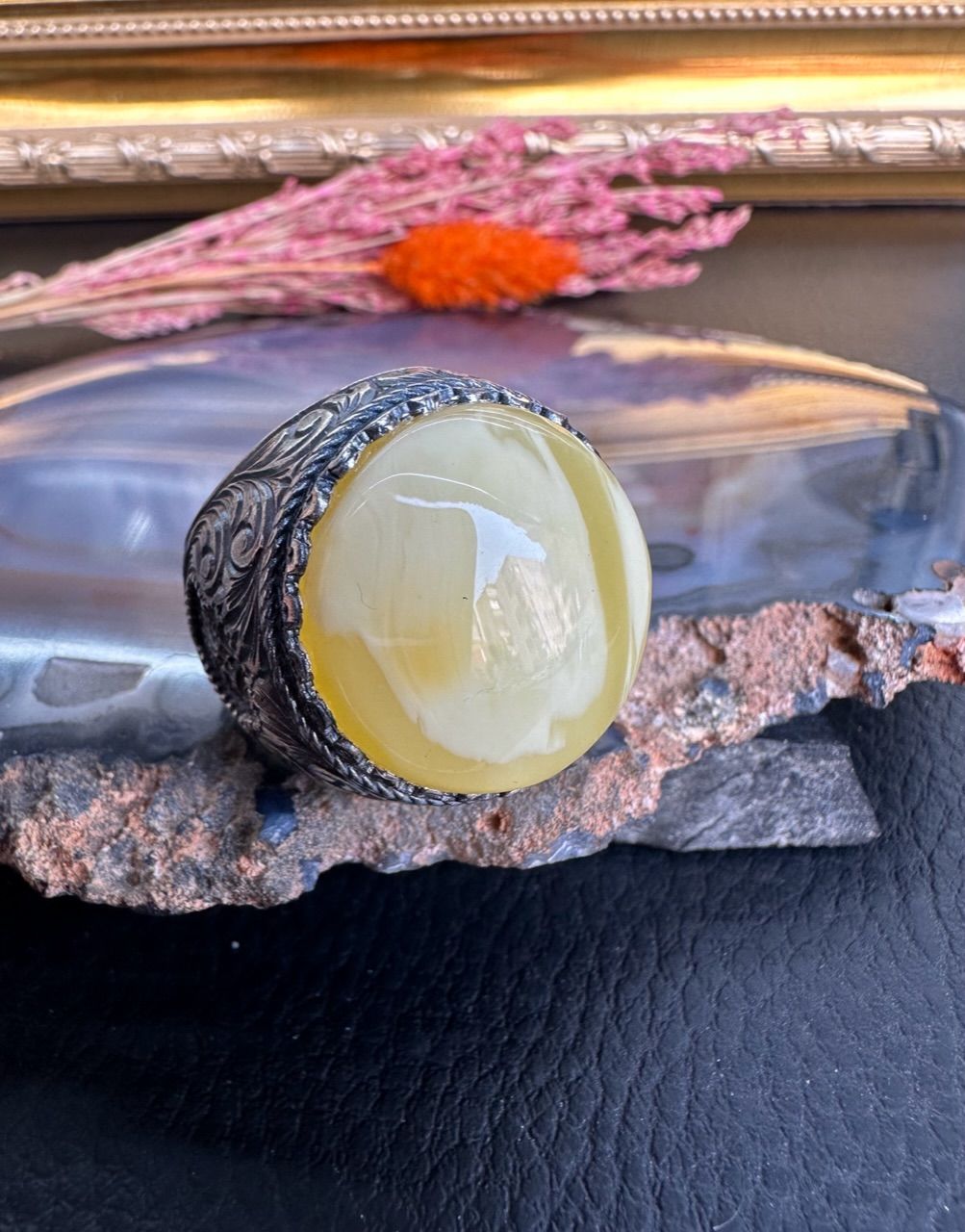 Özel Tasarım Osman Özpala El Yapımı Damla Kehribar Gümüş Yüzük