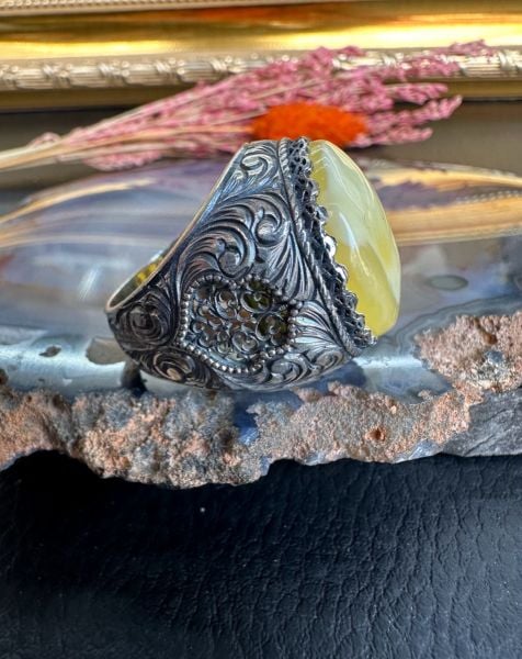 Özel Tasarım Osman Özpala El Yapımı Damla Kehribar Gümüş Yüzük