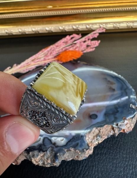 Özel Tasarım Osman Özpala El Yapımı Damla Kehribar Gümüş Yüzük