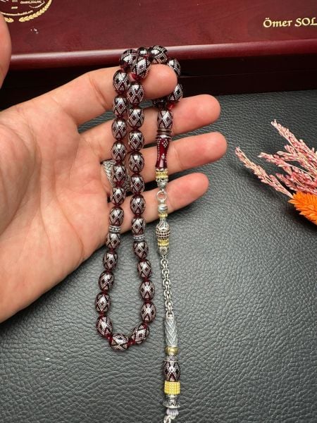 Gümüş İşlemeli Ateş Kehribar Tesbih