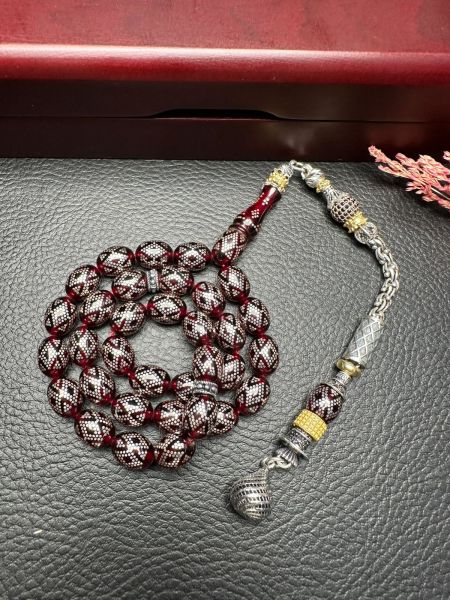 Gümüş İşlemeli Ateş Kehribar Tesbih