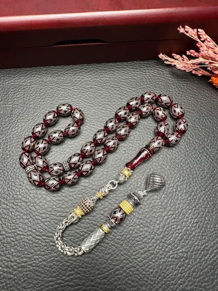 Gümüş İşlemeli Ateş Kehribar Tesbih