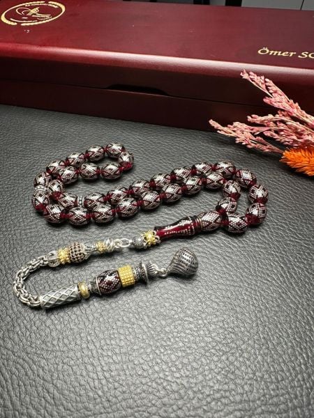 Gümüş İşlemeli Ateş Kehribar Tesbih