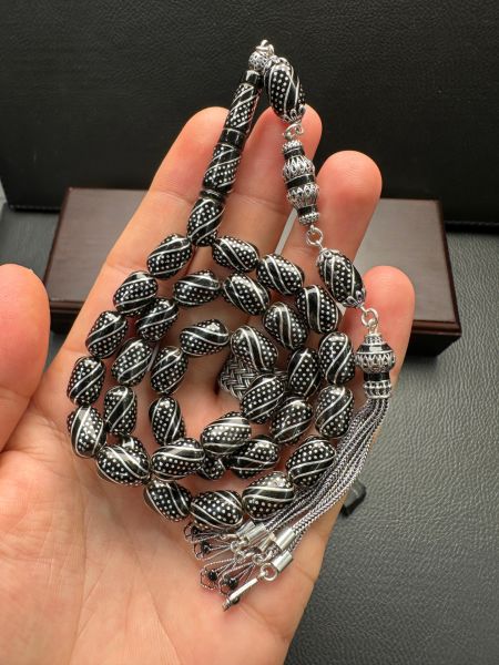 Kapsül Model Gümüş İşlemeli Erzurum Oltu Taşı Tesbih