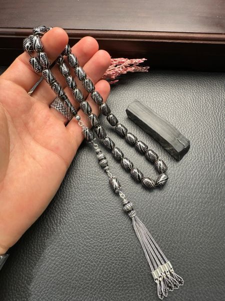 Kapsül Model Gümüş İşlemeli Erzurum Oltu Taşı Tesbih