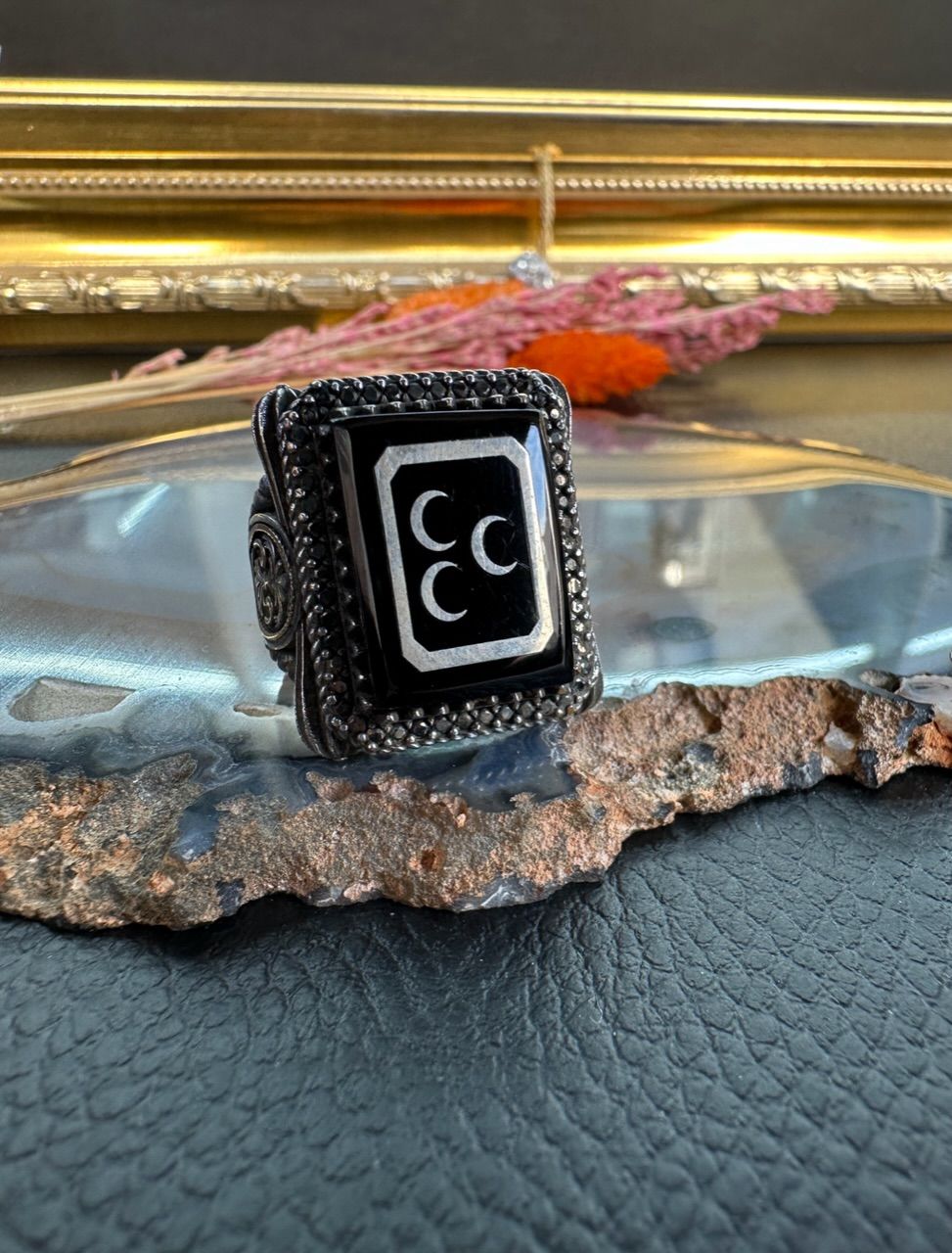 Oltu Taşı Özel Tasarım Üç Hilal Model 925 Ayar Gümüş Erkek Yüzük