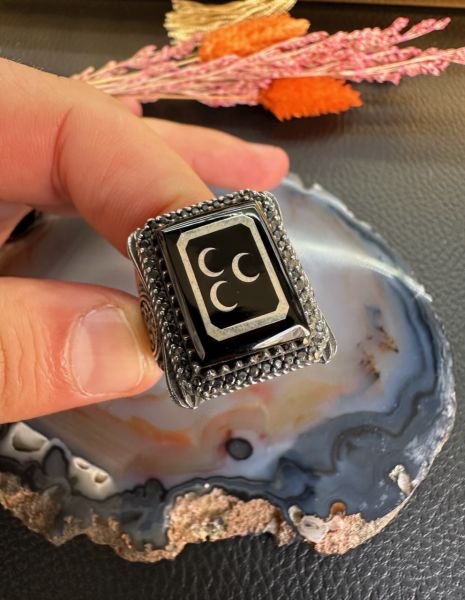 Oltu Taşı Özel Tasarım Üç Hilal Model 925 Ayar Gümüş Erkek Yüzük