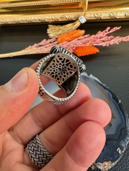 Oltu Taşı Özel Tasarım Üç Hilal Model 925 Ayar Gümüş Erkek Yüzük