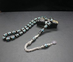 Kapsül Model Firuze ve Gümüş İşlemeli Özel Usta İşçilikli Erzurum Oltu Tesbih