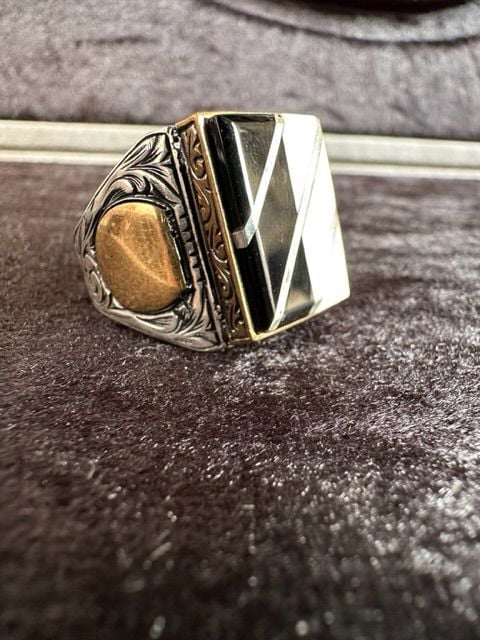 Özel Tasarım Gümüş Yarma İşleme Oltu & Fildişi Erkek Yüzük