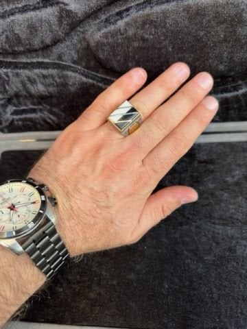 Özel Tasarım Gümüş Yarma İşleme Oltu & Fildişi Erkek Yüzük