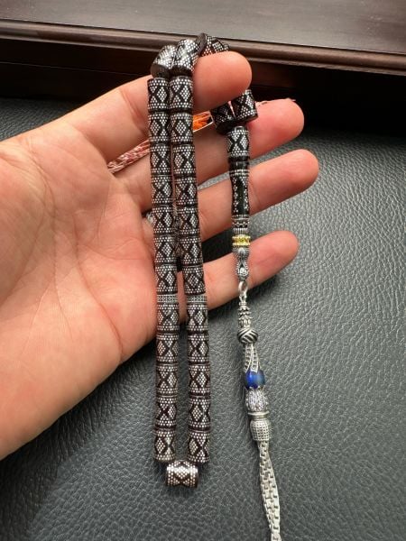 Kesme Model Gümüş İşlemeli Ateş Kehribar Tesbih