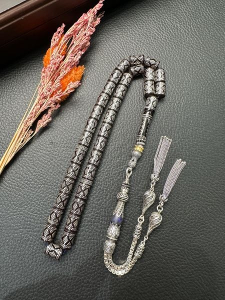 Kesme Model Gümüş İşlemeli Ateş Kehribar Tesbih