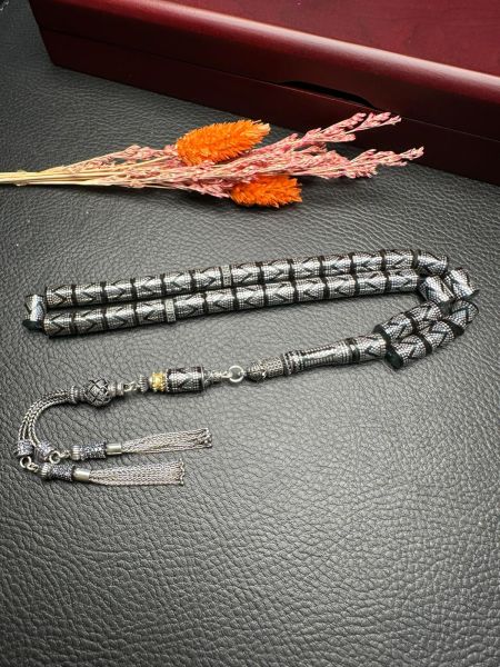 Kesme Model Gümüş İşlemeli Ateş Kehribar Tesbih