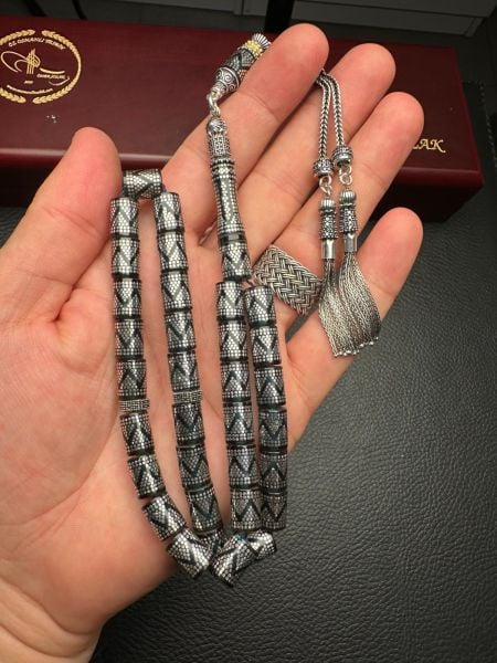 Kesme Model Gümüş İşlemeli Ateş Kehribar Tesbih