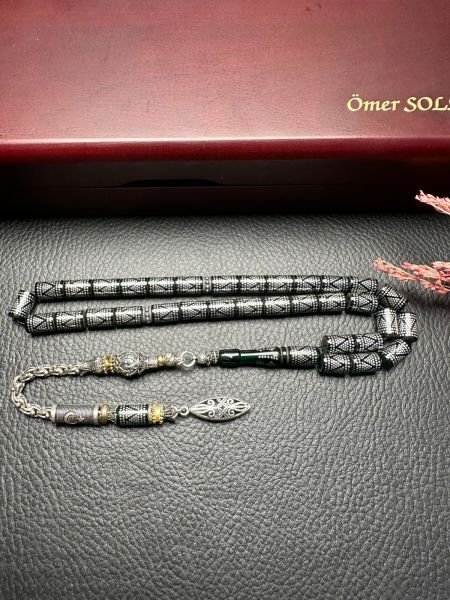 Kesme Model Gümüş İşlemeli Ateş Kehribar Tesbih