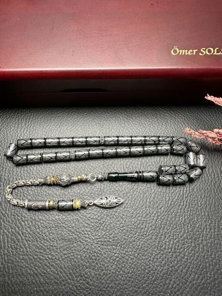 Kesme Model Gümüş İşlemeli Ateş Kehribar Tesbih