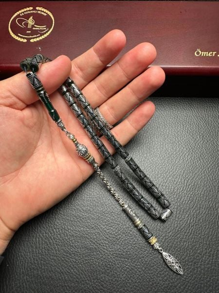 Kesme Model Gümüş İşlemeli Ateş Kehribar Tesbih