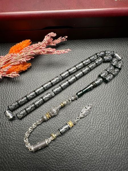 Kesme Model Gümüş İşlemeli Ateş Kehribar Tesbih