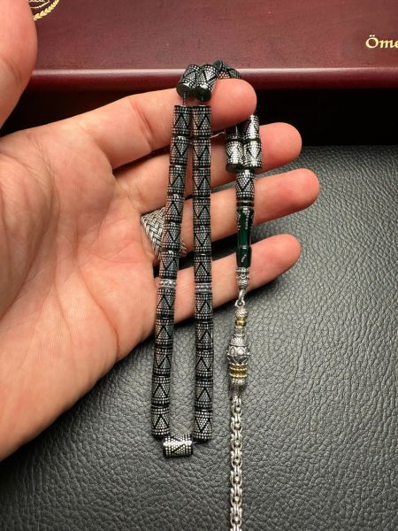 Kesme Model Gümüş İşlemeli Ateş Kehribar Tesbih