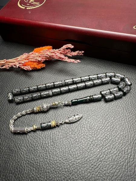 Kesme Model Gümüş İşlemeli Ateş Kehribar Tesbih