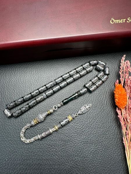 Kesme Model Gümüş İşlemeli Ateş Kehribar Tesbih