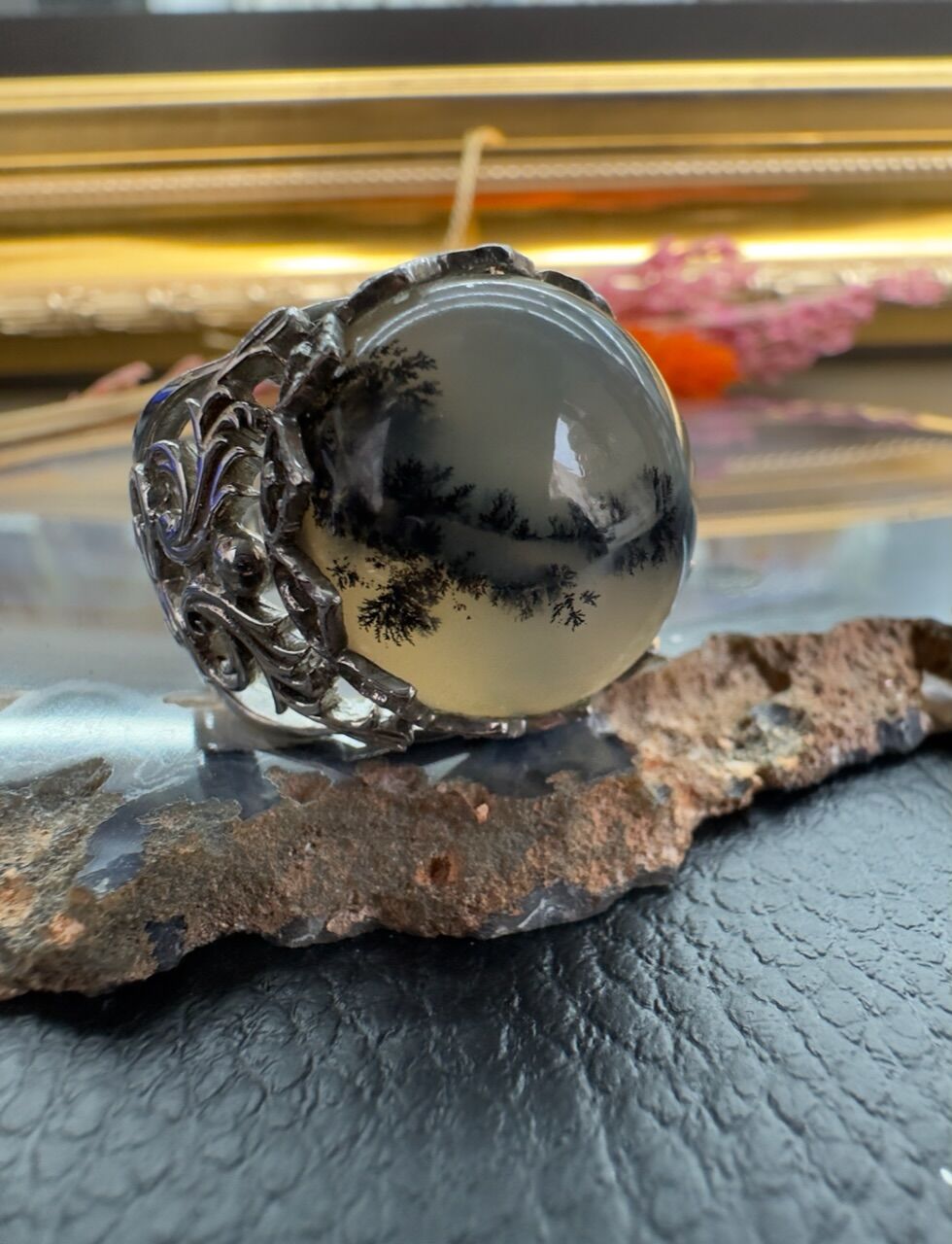 Özel Tasarım El İşçiliği Beyaz Akik 925 Ayar Gümüş Erkek Yüzük