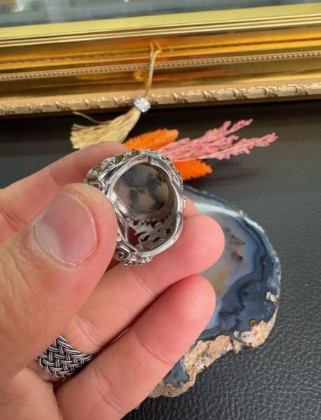 Özel Tasarım El İşçiliği Beyaz Akik 925 Ayar Gümüş Erkek Yüzük