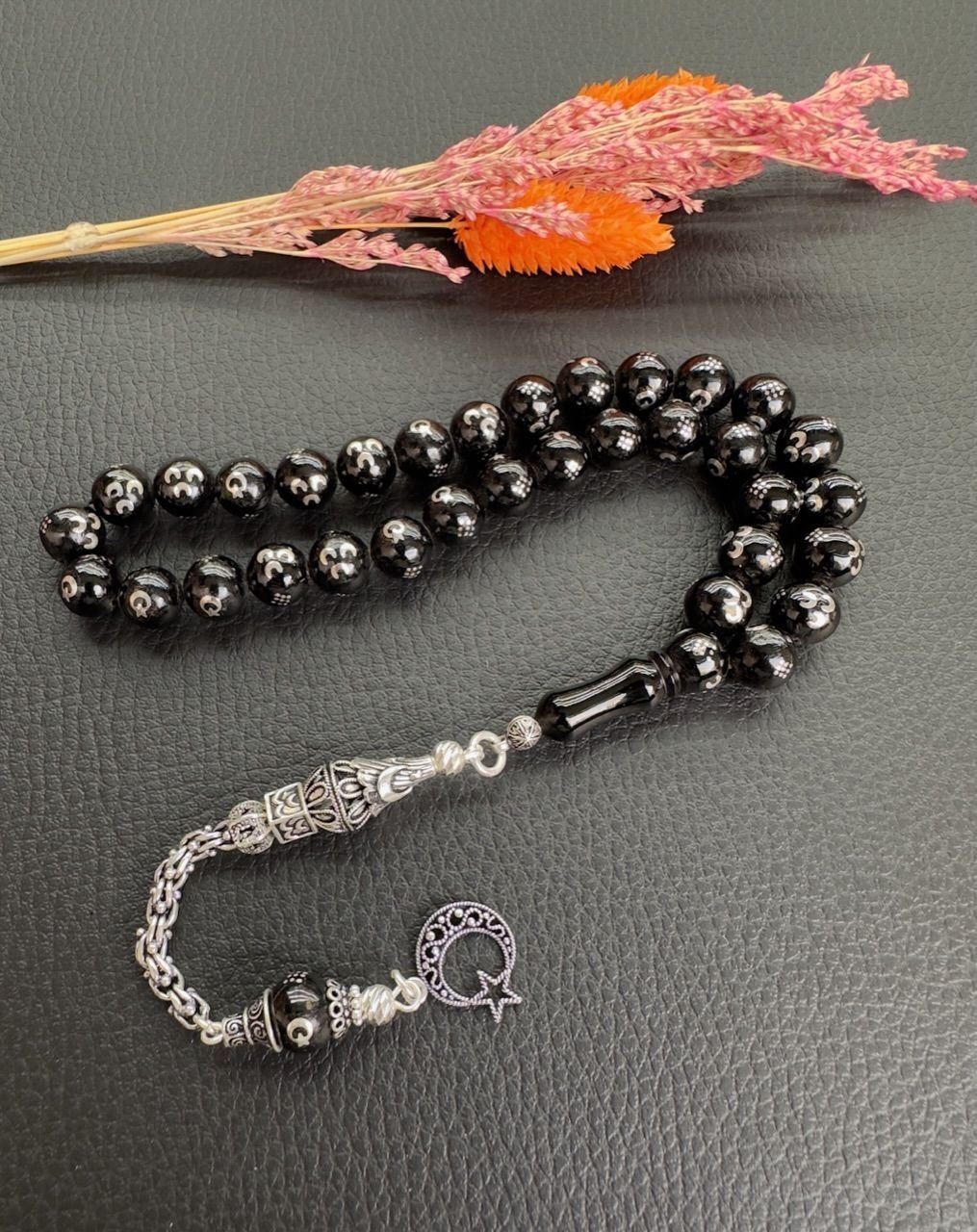 Küre Model Gümüş İşlemeli Erzurum Oltu Taşı Tesbih