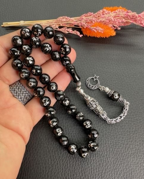 Küre Model Gümüş İşlemeli Erzurum Oltu Taşı Tesbih