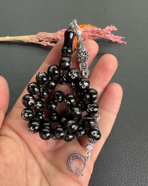 Küre Model Gümüş İşlemeli Erzurum Oltu Taşı Tesbih