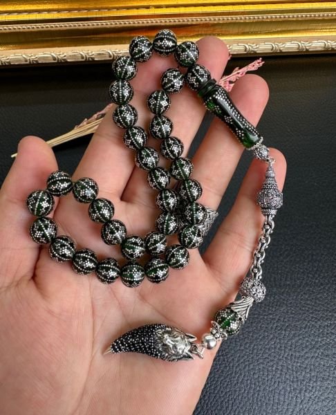 Küre Model Gümüş İşlemeli Ateş Kehribar Tesbih