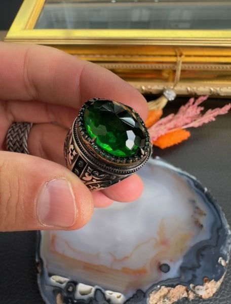 Özel Tasarım Yeşil Taşlı 925 Ayar Gümüş Erkek Yüzük